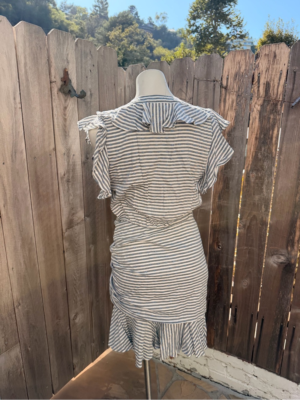 Veronica Beard Kai Striped Ruffle Button-Front Mini Dress in Blue & White - Picture 11 of 13